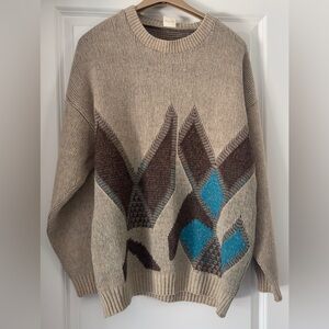 1980s Vintage Jiffy Angora/Acrylic Men’s Sweater Size Large Browns Blue Design